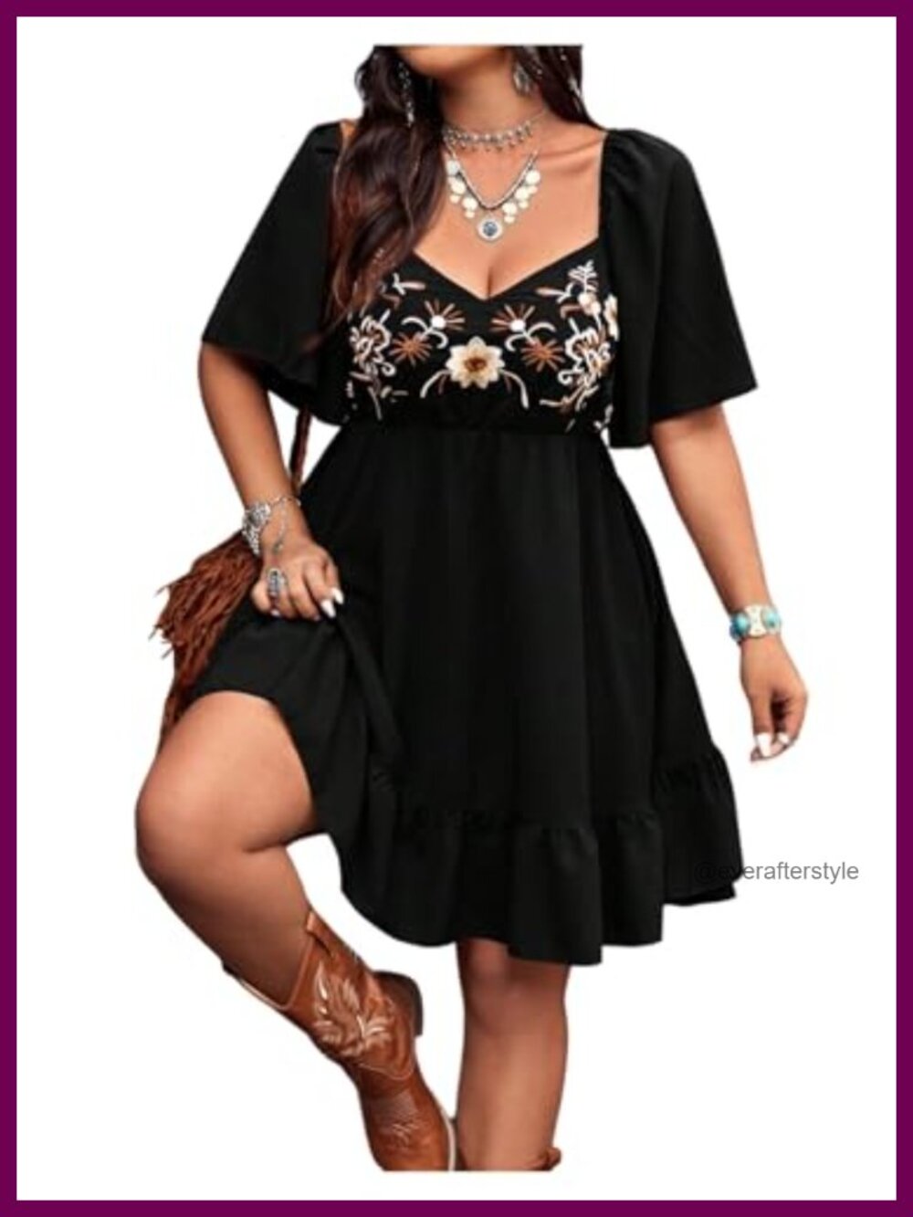 Western Boho Floral Embroidered Dress Short Sleeve Sweetheart Neck Ruffled Hem